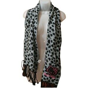 Hello Kitty Leopard Print Gray & Black Embroidered Fringe Scarf.